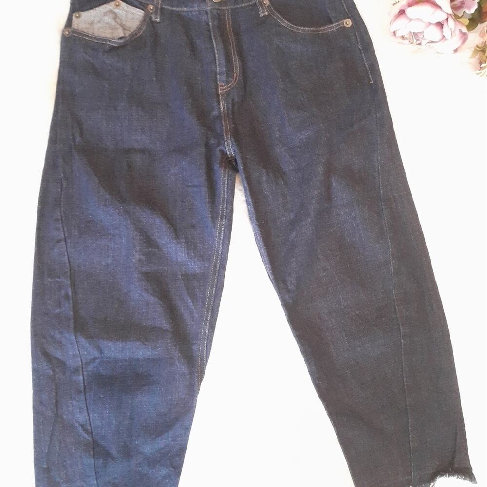 WHEART Blue Dark Washed Cropped Barrel Tapered Baggy Jeans Raw Hem High Rise - Picture 4 of 14